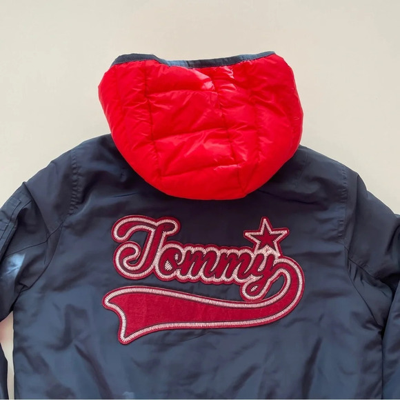 TOMMY HILFIGER Logo-Embroidered Quilted Navy Red Bomber Jacket Down Lining Small - Picture 12 of 16